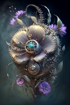 an art work with flowers and gears in the shape of a flower on a black background