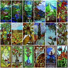 many different stained glass windows with flowers and trees in them, all showing the same colors