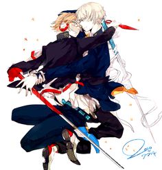 two anime characters with swords in their hands