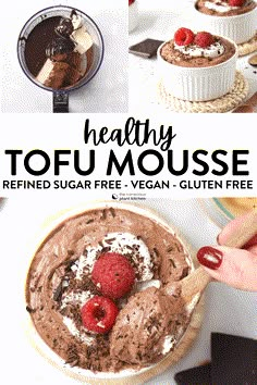 healthy tofu mousse recipe with chocolate and raspberries in the bowl