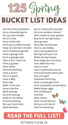 125 spring bucket list ideas Indoor Bucket List, Fun Things To Do In Spring, Spring Activities Adults, Spring Projects For Adults, Spring Hangout Ideas, March Activities For Adults, Spring Bucket List For Adults