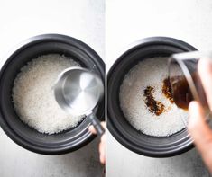 two pictures showing how to cook rice in an electric pressure cooker