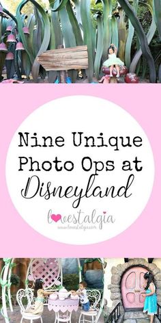 the disneyland land theme park with text overlay that reads nine unique photo opps at disneyland