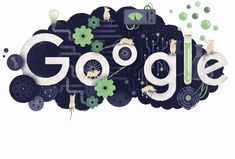 the words google are surrounded by green and white objects, including gears, flowers, and other things