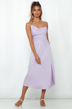 Length from bust to hem of size S: 121cm. Lilac maxi dress. Non-lined. Cold hand wash only. Model is a standard XS and is wearing size XS. True to size. Non-stretchy and lightweight satin with sheen. Adjustable shoulder straps. Invisible back zipper. Polyester. Please Note: This dress looks midi on the model. Easing you from the AM to PM, the glam AF Family Secret Maxi Dress embraces round-the-clock elegance! Ideal for weddings, formals, or any other cocktail-ready event, this must-have maxi emp Lilac Maxi Dress, Dress Lilac, Dress Looks, Bridesmaid Outfit, Lilac Dress, Flowy Skirt, Blue Midi Dress, Designer Dresses, Lilac