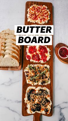 the butter board is filled with different types of breads and jams on it