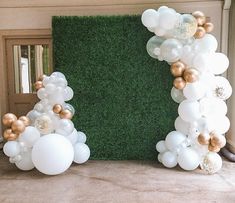 Green boxwood walls, balloon garland Balloons Around Backdrop, Wedding Backdrop Design With Balloons, Hedge Wall Backdrop With Balloons, Greenery Wall Backdrop With Balloons, Greenery Wall Balloon Garland, Wedding Backdrop Design Balloon, Green Turf Backdrop, Diy Backdrop With Balloons, Balloon Picture Backdrop