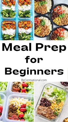 the meal prep for beginners is shown in this collage, including salads and rice