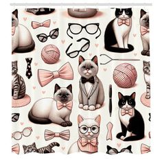 a shower curtain with cats wearing glasses, bow ties and sweaters on it's side