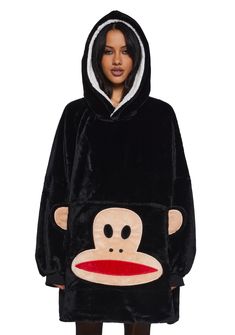 a woman wearing a black monkey hoodie