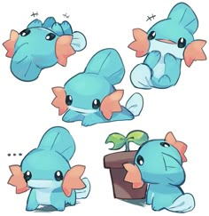 some cute little blue pokemons with different expressions