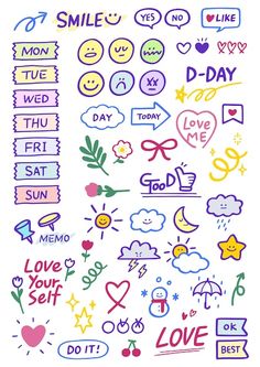 some stickers that are on the side of a white sheet with words and symbols