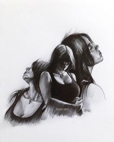 a drawing of two women in black and white