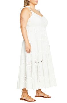 Eyelet embroidery intensifies the sweet, summery style of this lightweight cotton maxi dress. Slips on over head V-neck Adjustable tie straps Lined 100% cotton Machine wash, line dry Imported Embroidered Maxi Dress, Cotton Maxi, Maxi Dress Cotton, Designer Clothes For Men, City Chic, White Maxi Dresses, Modern Outfits, Women's Summer Fashion, Nordstrom Dresses