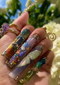 Fairy Nail Inspiration, Stained Glass Acrylic Nails, Birthday Nails Stiletto Long, 4d Nail Art Design, Earthy Acrylic Nails, Butterfly Charm Nails, River Nails, Broken Glass Nails, Eccentric Nails