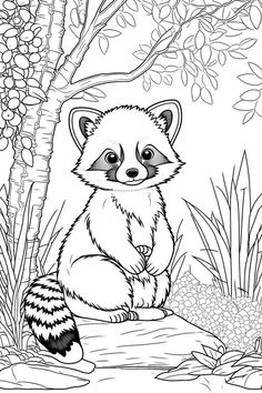 a small raccoon sitting on top of a tree stump in the forest coloring page