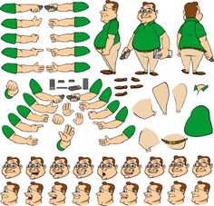 cartoon character poses and gestures for animation, including hands, legs, feet, head, mouth