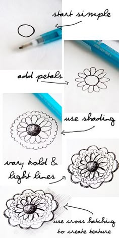 the instructions for crochet flowers are shown in three different stages, including drawing