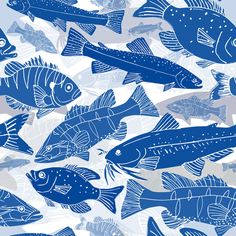 a group of blue fish swimming in the ocean on a white and gray background illustration