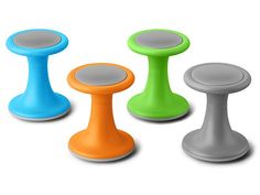 three different colored stools sitting next to each other