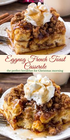 an image of french toast with whipped cream on top and the words eggnog french toast