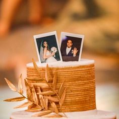 a wedding cake with two photos on top and bamboo leaves in the bottom, as well as an olive leaf decoration