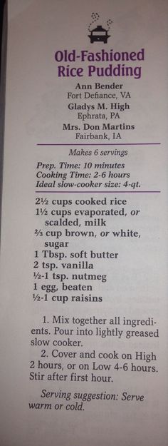 an old fashioned rice pudding recipe is shown in the menu for it's delivery