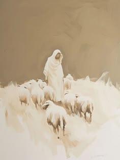 a painting of a person with sheep in the snow