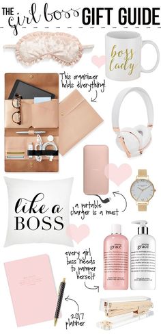 gift guide for the girl boss in your life with pink and gold accessories, including a white