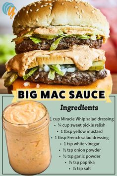 a big mac sauce is in front of a hamburger