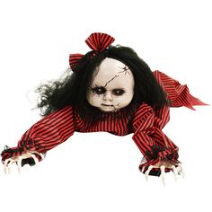 a creepy doll with long black hair and red striped dress is flying through the air