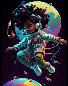 an astronaut floating in the air with headphones on, and space shuttles around her