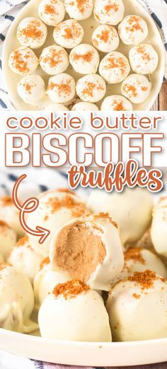 cookies and biscuits are arranged on a plate with the words cookie butter biscuit crumbles