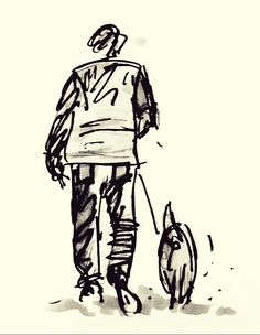 a drawing of a man walking his dog