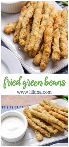 fried green beans on a plate with ranch dressing