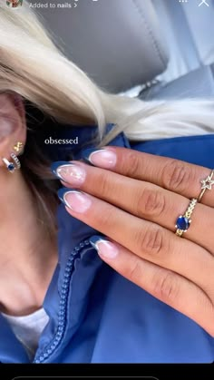 Different Design French Tip Nails, Pattern Nails Simple, Short Almond Nails Simple Designs, Cute Summer Gel X Nails, French Tip Nails With Blue Design, European Nails Summer, Aesthetic Summer Nails 2024, Vacation Nail Inspo Almond, Royal Blue Design Nails