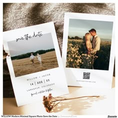 two wedding save the dates cards on top of a table with dried flowers in front of them