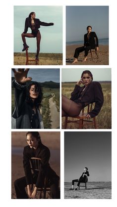 four different photos with one woman sitting in a chair and the other standing on a horse