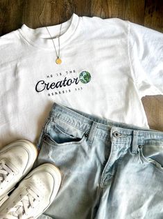 Creator Christian T-shirt Embroidered Bible Verse Shirt - Etsy Jesus Merch, Bible Verse T Shirt, Aesthetic Bible Verse, Shirt Outfit Ideas, Aesthetic Bible, Teacher Attire, Christian Clothing Brand, Christian Accessories, Jesus Clothes