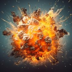 an exploding orange and yellow object on a blue background