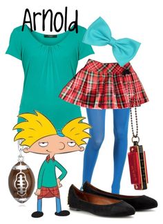 a woman in green shirt and plaid skirt with blue tights, black shoes and purse