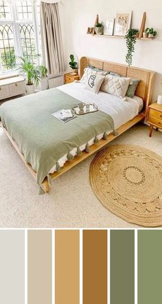 a bedroom with white walls and green bedding in the center, beige rug on the floor