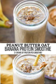 peanut butter oat banana protein smoothie in a mason jar