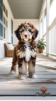 a brown and white dog standing on top of a porch