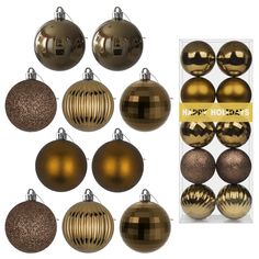 twelve shiny gold and silver christmas ornaments with happy holidays sign in the middle, next to each ornament