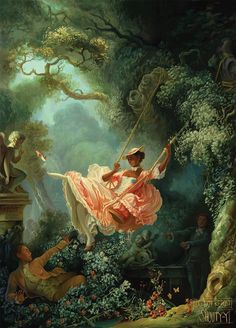 a painting of a woman in a pink dress swinging on a swing with other people around her