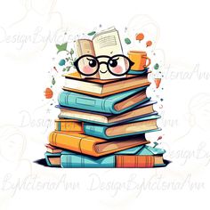 a stack of books with glasses on top