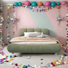 a bedroom decorated in pastel colors with balloons and streamers on the wall above the bed