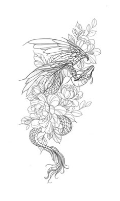 a black and white drawing of a dragon with flowers on it's back side