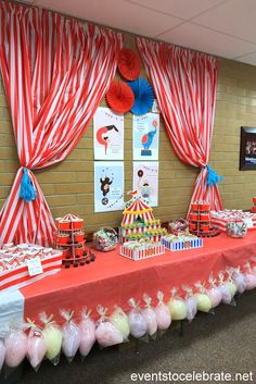 the table is set up with candy and candies for children's birthday party